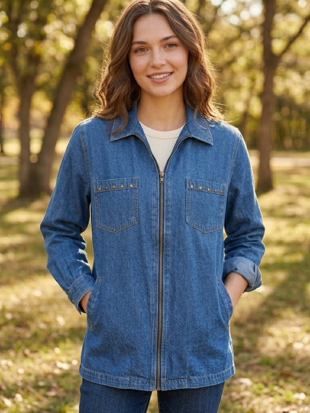 Sag Harbor Western Sport Zip-Up Shirt Jacket Blue Denim Embellished Size Small